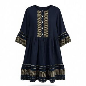 Haris Cotton 100% linen bell sleeve metallic detail midi dress